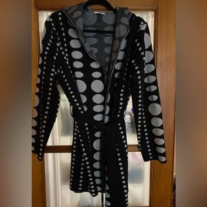 Beautiful Sioni Black and Grey Polka Dot Wrap Sweater with Tie. Size XL